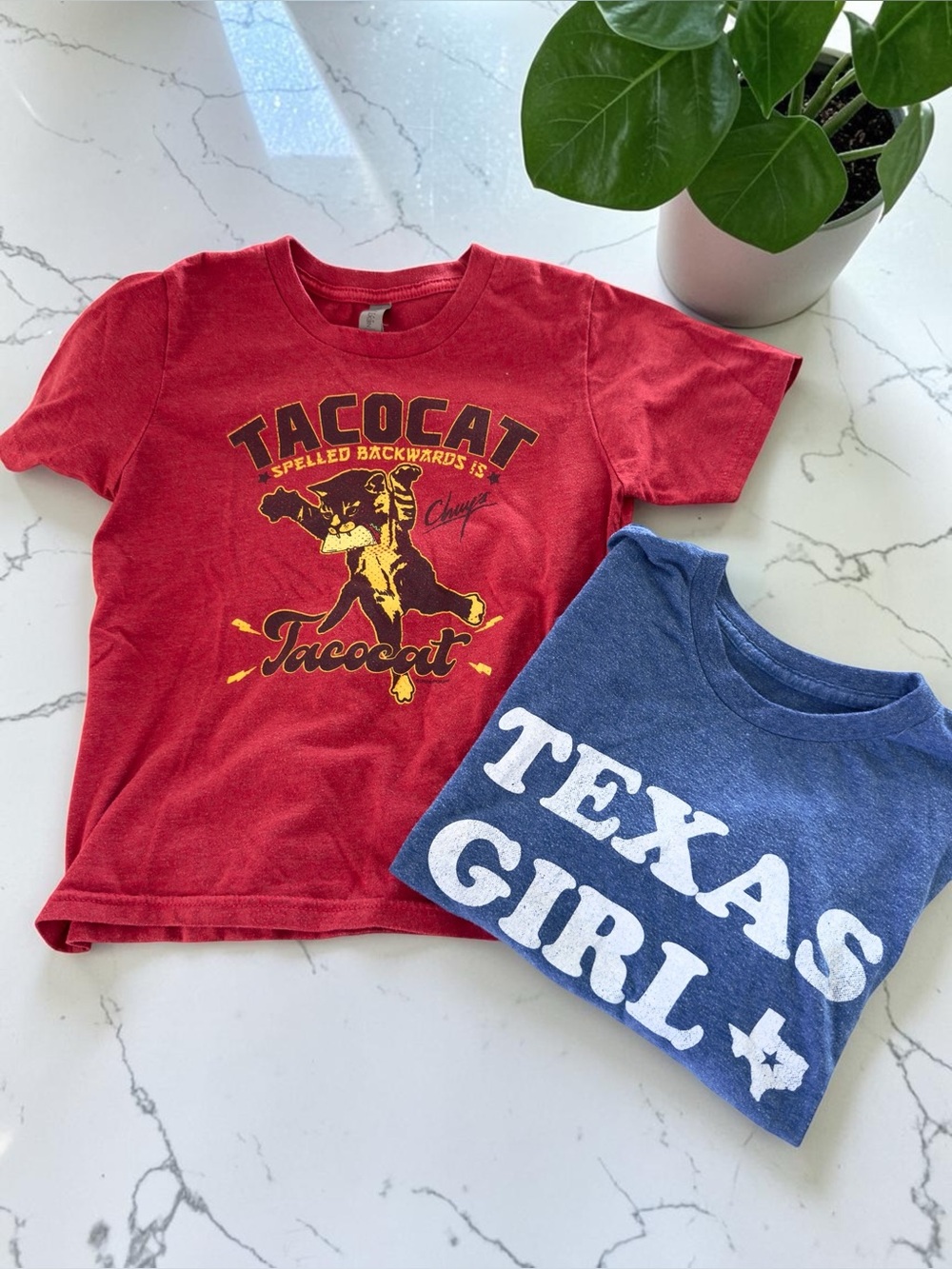 Set of 2 Graphic Tees  - Retro Cat Print, Texas Girl